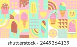 Ice creams in geometric flat style. Sweet summer delicacy,sundaes,gelatos with different tasties,ice-cream cones,popsicle with different topping.Vector illustration template for web,design,print.