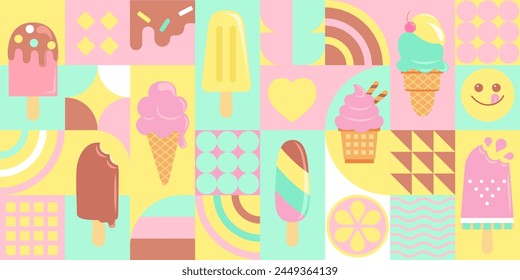 Helados en estilo plano geométrico. Dulce delicadeza de verano, sundaes, gelatos con diferentes sabores, conos de helado, paletas con diferentes topping.Plantilla de Ilustración vectorial para Web, diseño, impresión.