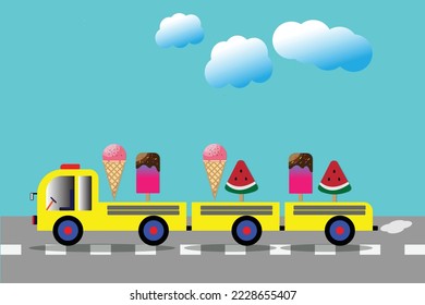 Ice creams isolated on blue background. Chocolate, Vanilla, Ice cream cone. Ice cream on stick. Watermelon on stick