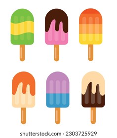 Ice creams isolated on white background. Chocolate, Vanilla. Ice cream on stick. Ice cream on a stick with chocolate and icing. Vector