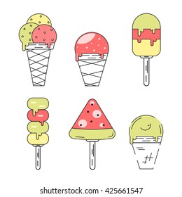 Ice creams  isolated on white. Set flat design and line icons.