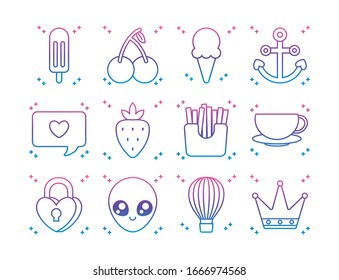 ice creams and kawaii icon set over white background, gradient line style, vector illustration