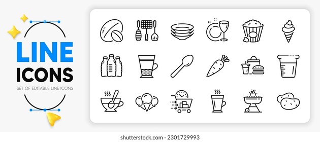 Los iconos de la línea de herramientas de helados, latte y grill para la aplicación incluyen Platos, Parrilla, Esquema rápido de comida, un icono delgado. Té taza, botellas de agua, ícono del pictograma de entrega de comida. Palomitas de maíz, placa de plato, zanja. Vector
