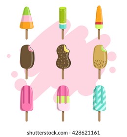 Ice Creams On Stick Set Of Bright Color Isolated Vector Drawings In Simple Cartoon Design On White Background