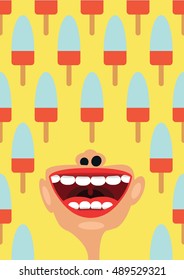 Ice creams and open mouth, vector funny illustration