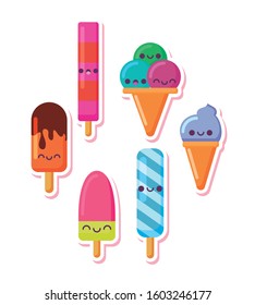 ice creams and popsicles cartoons design, Kawaii expression cute character funny and emoticon theme Vector illustration