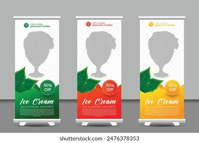  ice creams Roll up Banner design with leaf and elemnts