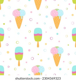 ice creams seamless pattern, cartoon summer print with ice cream in waffle cone and on stick, sweet food vector texture