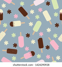 Ice creams seamless pattern with flowers and blue background