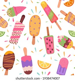 El patrón de las cremas de hielo no tiene fisuras. Vacaciones de verano con paletas, helados y postre de chocolate congelado. Textura vectorial de alimentos dulces de dibujos animados