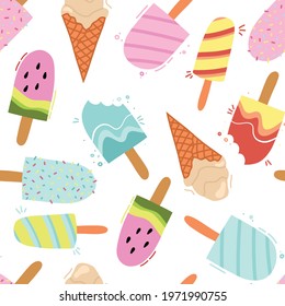 Ice creams seamless pattern. Summer holidays with popsicles, ice cream cones and frozen chocolate dessert. Cartoon sweet food vector texture