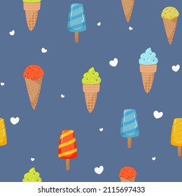 Ice creams seamless pattern. Summer holidays with popsicles, ice cream cones frozen dessert. Cartoon sweet food vector texture on blue . hand drawing