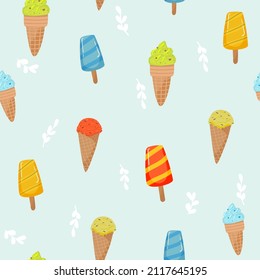 Ice creams seamless pattern. Summer holidays with popsicles, ice cream cones frozen dessert. Cartoon sweet food vector texture on blue . hand drawing