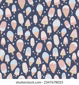 Ice creams seamless pattern. Summer holidays with popsicles, ice cream cones. Vector texture. Assorted ice cream seamless pattern