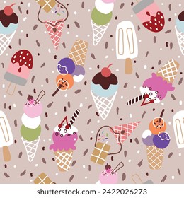 Ice creams seamless pattern. Summer holidays with popsicles, ice cream cones and frozen chocolate dessert. Cartoon sweet food vector texture