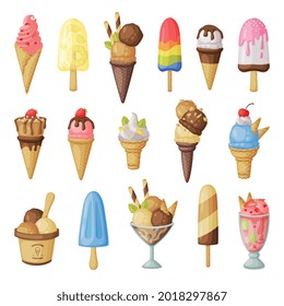 Ice Creams Set, Sweet Tasty Desserts, Ice Cream Waffle Cones, Popsicles with Different Toppings Cartoon Vector Illustration