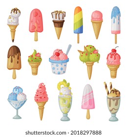 Ice Creams Set, Sweet Tasty Desserts, Different Flavors, Cones, Sprinkles, Toppings Collection Cartoon Vector Illustration