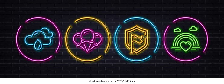 Ice creams, Shield and Rainy weather minimal line icons. Neon laser 3d lights. Lgbt icons. For web, application, printing. Vanilla waffle, Safe secure, Rain. Rainbow heart. Neon lights buttons. Vector