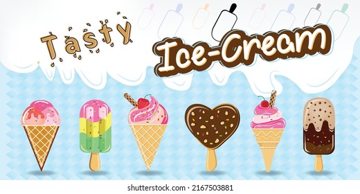 Ice creams vector illustration, Sweet summer delicacy sundaes, Cute cartoon with caramel chocolate cone, Vanilla pastel and colorful ice cream