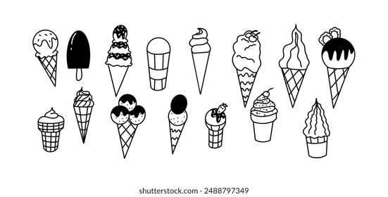 Ice creams with wafer cones doodle line vector icons bundle on white background. Cold desserts hand drawn monochrome illustration set