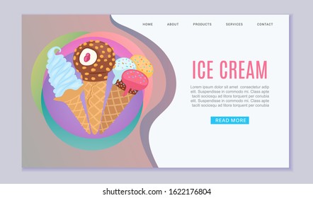 Ice creams waffle cones with assortment of scoops dessert web vector template illustration. Sweets and desserts ice cream meals for fast food or cafe website.