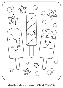 Ice cream.Set.Cheerful vector illustration. Kawaii.Coloring book.