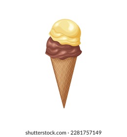 Ice cream.Vanilla chocolate ice cream in a waffle cone. A waffle cup with ice cream balls. Cold dessert. Vector illustration isolated on a white background