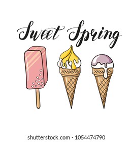 Ice creamvector illustration bright colors. Pink, yellow, purple, mauve, vanilla, lemon ice cream, ice cream cone, ice lolly and eskimo pie