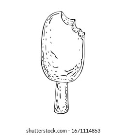 ice crwam bitten off the edge on a stick. Doodle element for the design. Vector.