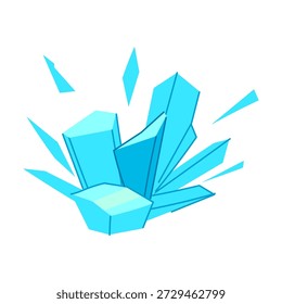 Cúmulo de cristal de hielo que se rompe en fragmentos azules afilados y fragmentos voladores, un estallido abstracto dinámico que evoca frío helado, explosión, energía y texturas geométricas de invierno fracturadas
