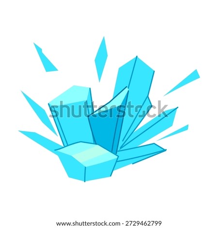 Ice crystal cluster shattering into sharp blue shards and flying fragments, a dynamic abstract burst evoking freezing cold, explosion, energy, and fractured geometric winter textures