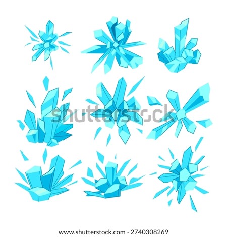 Ice crystal clusters and shards bursting dynamically, creating a frozen energy blast effect with glowing light for game assets, fantasy concepts, or magical power illustrations