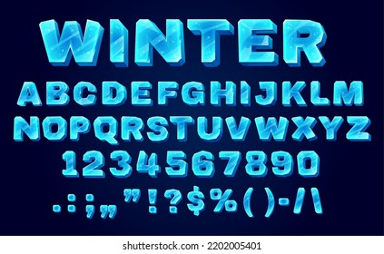 Ice Crystal Font, Typeface, Type Alphabet. Cartoon Vector Abc Letters, Blue Uppercase Characters, Digits And Signs. Winter Frozen English Or Latin Font, Isolated Typeset, Ice Type