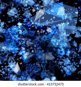 Ice crystals in the darkness. Seamless abstract vector pattern. Triangular transparent elements overlapping randomly. Blur effect and watercolor