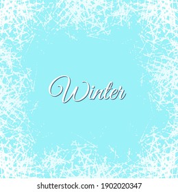 Ice crystals design texture on freeze window. Vector frame with frosted patterns. Winter holiday background