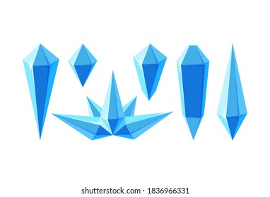 Cristales de hielo en forma de prismas y corona. Conjunto de minerales o trozos congelados de hielo para el diseño de juegos. Ilustración vectorial en estilo de caricatura