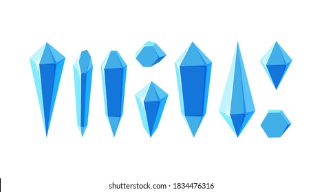 Eiskristalle in Form von Prismen oder Edelsteinen. Mineralien oder gefrorene Eisstücke für die Spielegestaltung. Vektorgrafik im Cartographie-Stil