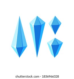 Ice crystals in form of prisms or gem stones. Set of minerals or frozen pieces of ice for game design. Vector illustration in cartoon style