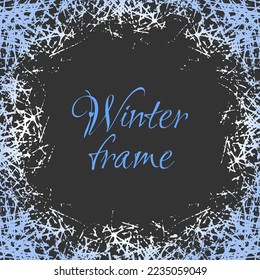 Ice crystals frame. Vector design border with frosted patterns on freeze winter window. Winter holiday background