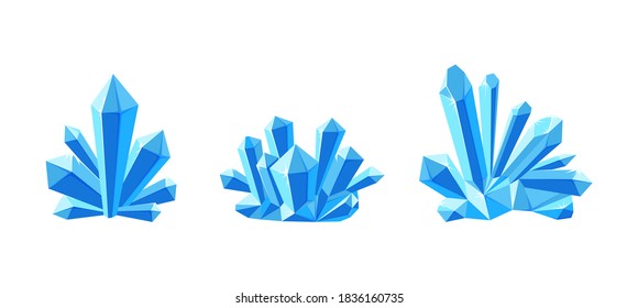 Ice crystals or gem stones with shade. Set of crystal druses made of blue mineral isolated in white background. Vector illustration in cartoon style