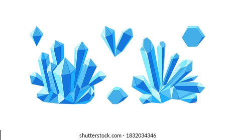 Cristales de hielo aislados de fondo blanco. Set de drusas y cristales separados hechos de mineral azul. Ilustración vectorial en estilo de caricatura