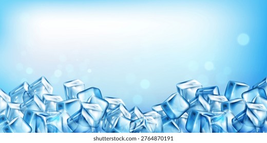 Borde de cubo de hielo con bloques congelados 3D realistas y fondo azul frío con luz solar bokeh. Piezas de cristal transparente con textura escarchada para anuncios de bebidas y Plantillas de Anuncio de bebidas de verano.