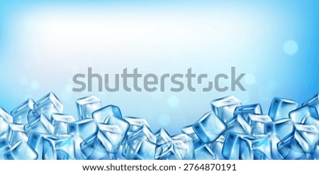 Ice cube border with realistic 3D frozen blocks and cold blue background with sun light bokeh. Transparent crystal pieces with frosty texture for drink ads and summer beverage banner templates. Stock photo © 