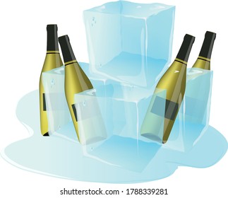 ice cube with bottles of white wine