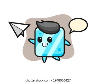 Ice cube cartoon character throwing paper airplane, cute style design for t shirt, sticker, logo element