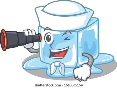 Ice cube cartoon happy Sailor style with binocular