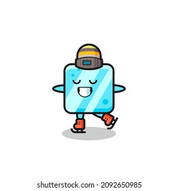 dibujos animados de cubo de hielo como un jugador de patinaje sobre hielo que realiza , diseño de estilo lindo para camiseta, pegatina, elemento logo