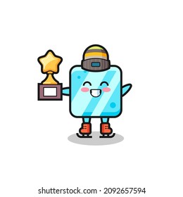 ice cube cartoon as an ice skating player hold winner trophy , cute style design for t shirt, sticker, logo element