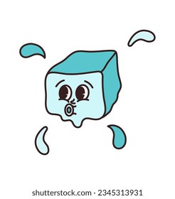 Ice cube character in comic cartoon style on transparent background. Hand drawn funny mascot of a melting ice cube in retro style. Isolated vector illustration