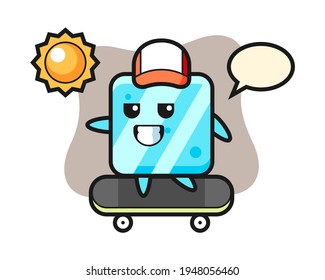 Ice cube character illustration ride a skateboard, cute style design for t shirt, sticker, logo element